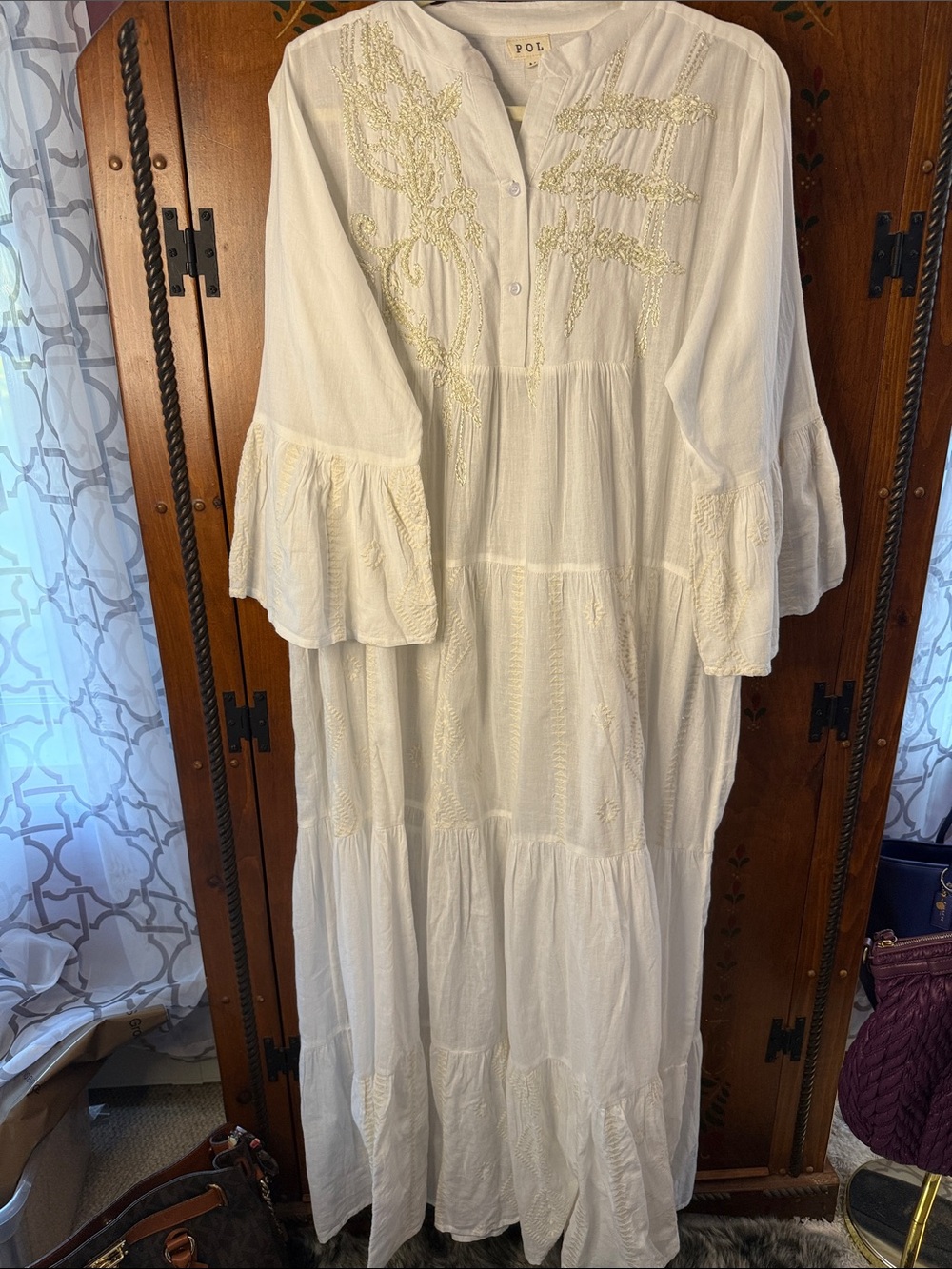 POL White Tiered Maxi Dress with Cream Embroidery and hand beading NEW OVERSIZED